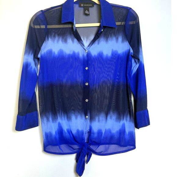 INC International Concepts Blue Hombre Tie Dye Sheer Button Up Shirt, Size: S - Picture 1 of 7